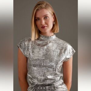 NWT Anthro Pilcro Cap-Sleeve Mock-Neck Metallic Top - XXS